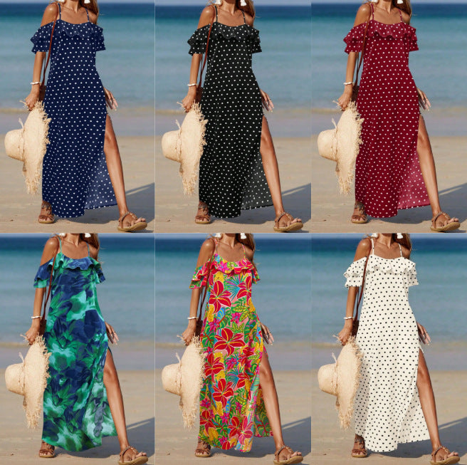 Off-shoulder long dress collage with polka dot and floral prints, ruffled sleeves, side slits