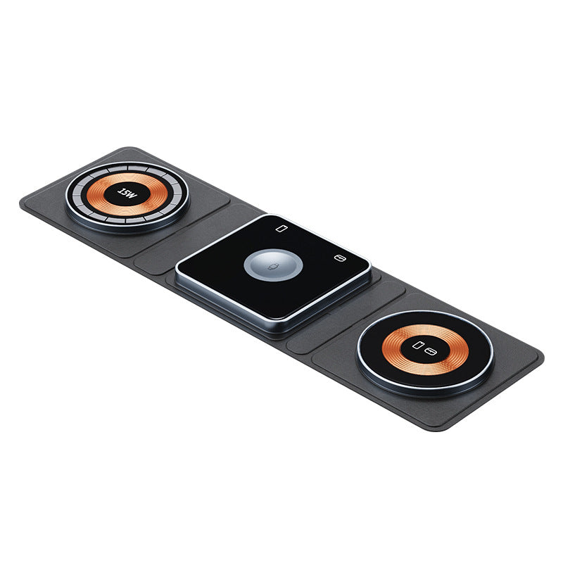 Black 3-in-1 magnetic wireless charger station shown flat with three wireless pads