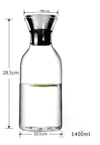Clear glass bottle with black top collar, 28.5cm tall; labeled 1400ml capacity
