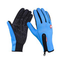 Pair of winter riding gloves, black and sky blue, textured palms, zipped wrist cuff
