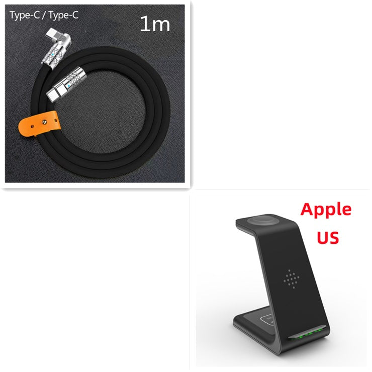 Charging cable set with 1m USB and black 3-in-1 wireless charging stand