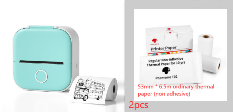 Turquoise mini label printer with non-adhesive thermal paper rolls and sample sheet