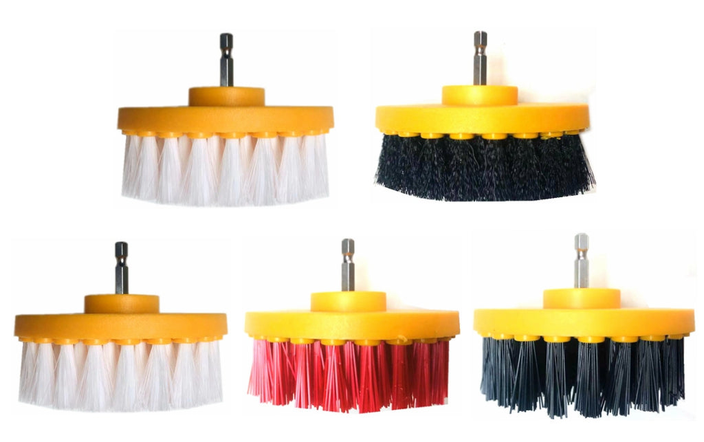 Electric drill cleaning brush set with yellow heads and mixed bristles
