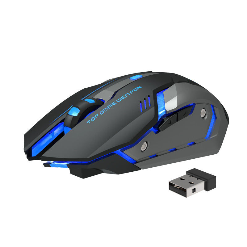 Wireless gaming mouse, dark gray/black with bright blue LED accents and palm rest