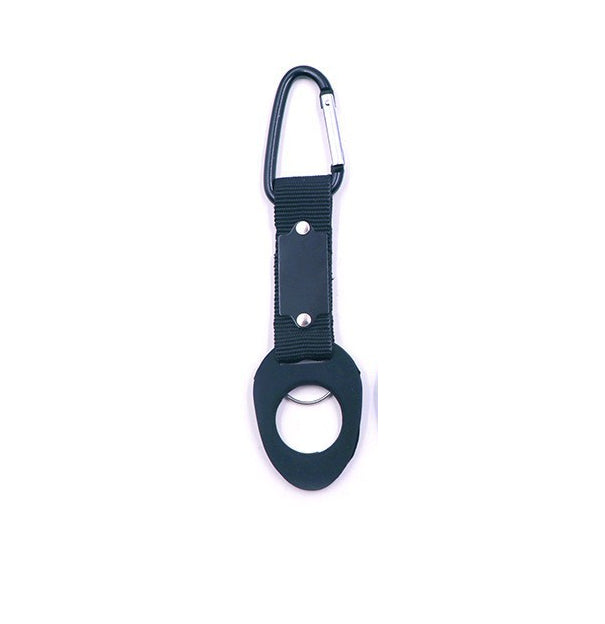 Sports water bottle hanging buckle strap with black loop and metal carabiner clip