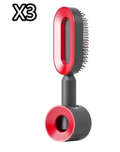Self-cleaning hair brush with black handle and red circular comb head.