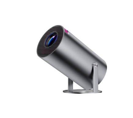 Gray portable projector with front lens, cooling grille, and tabletop stand