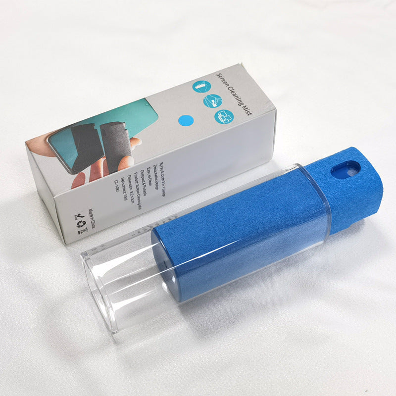 Portable screen cleaner set with storage sleeve, blue roller and transparent mist bottle