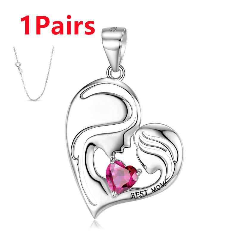 S925 sterling silver heart necklace pendant with pink gemstone and Best Mom engraving