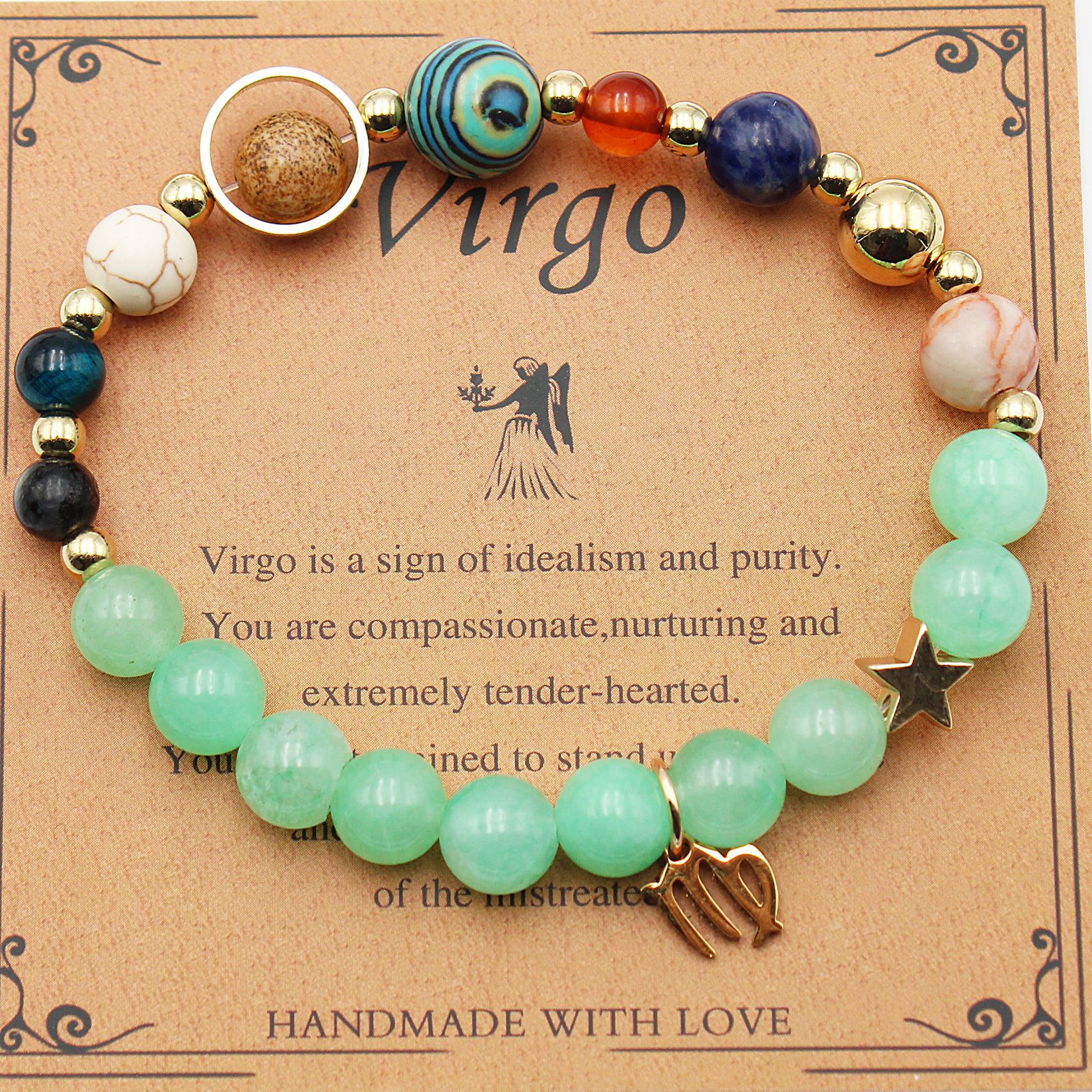 Virgo zodiac beaded bracelet with green beads and gold star charm