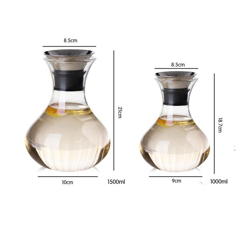 Clear glass bottle with black collar, 1500ml capacity; shows 22cm height and 10cm base
