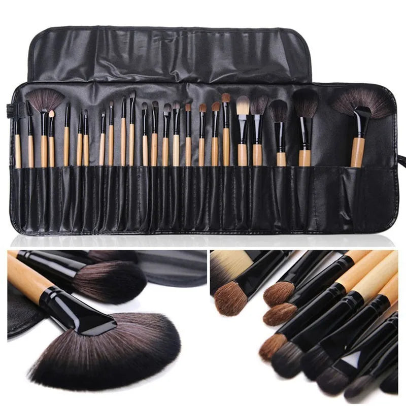Makeup brush set in black roll pouch with assorted face and eye brushes, bamboo handles