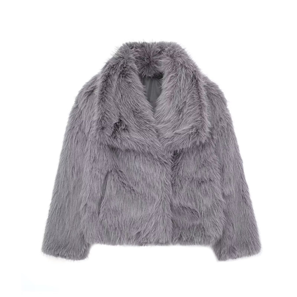 Winter plush faux fur coat, long sleeves, shawl collar, gray