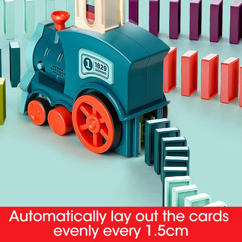 Teal electric domino train engine with red wheels and automatic track launcher