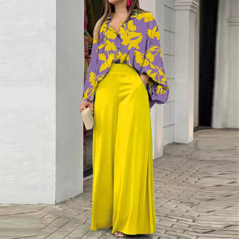 Printed shirt top and wide-leg pants set, yellow floral print top, yellow wide-leg pants