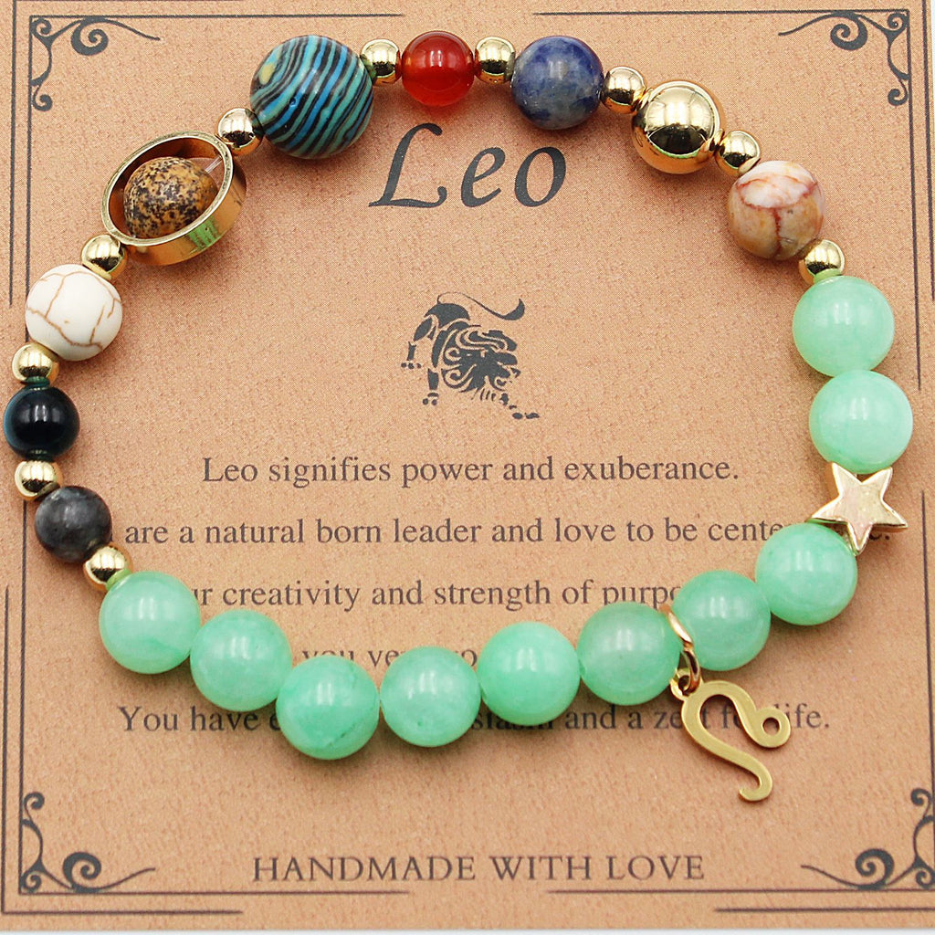 Leo zodiac beaded bracelet with mint green beads and gold star charm