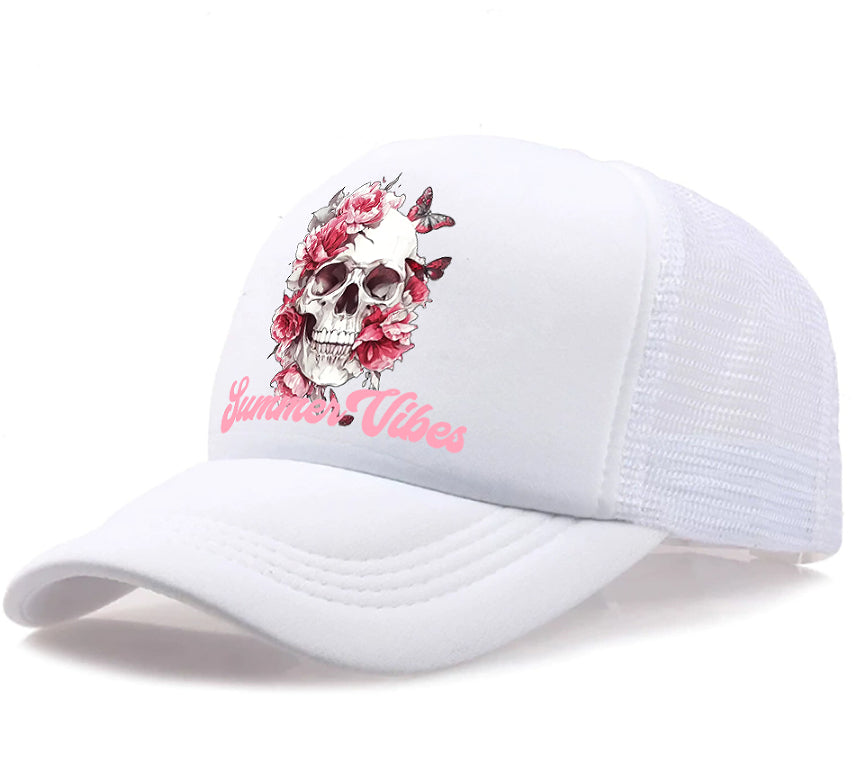 Men's casual baseball cap, white front with skull floral graphic and white mesh back