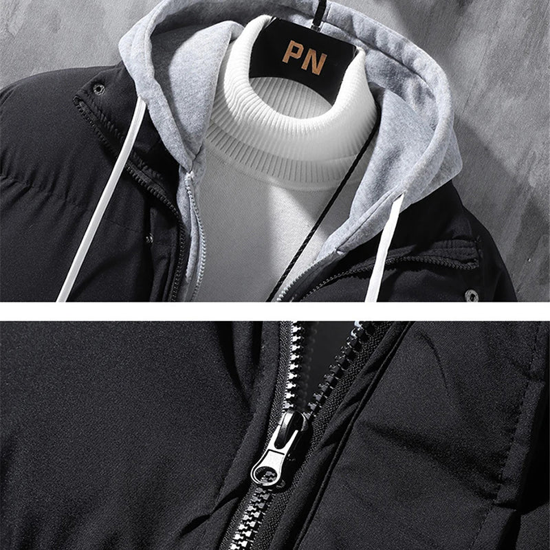 Men’s black hooded puffer jacket close-up with front zipper, hood, and drawstring ties