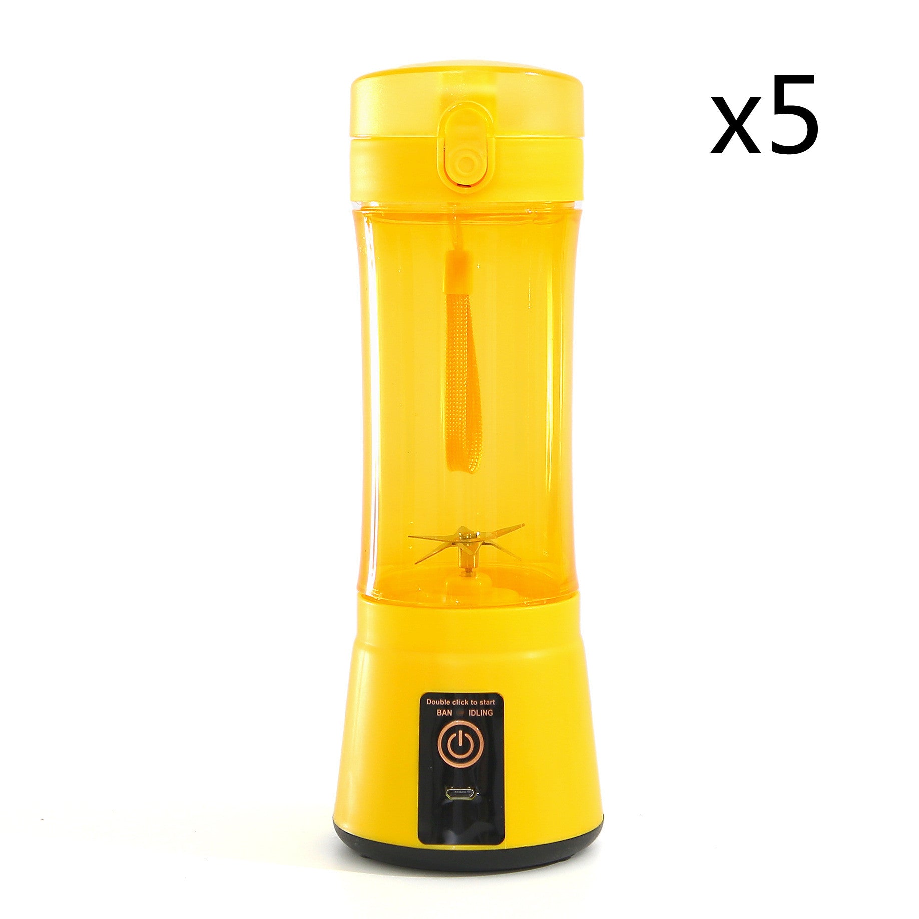 Portable electric fruit juicer, bright yellow transparent cup with blade and base