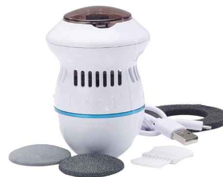White electric foot file grinder with USB plug, brush and sanding discs