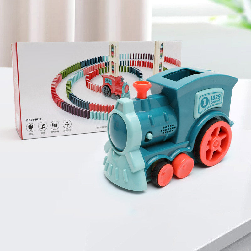 Blue-green domino train toy with colorful curved track and base tower