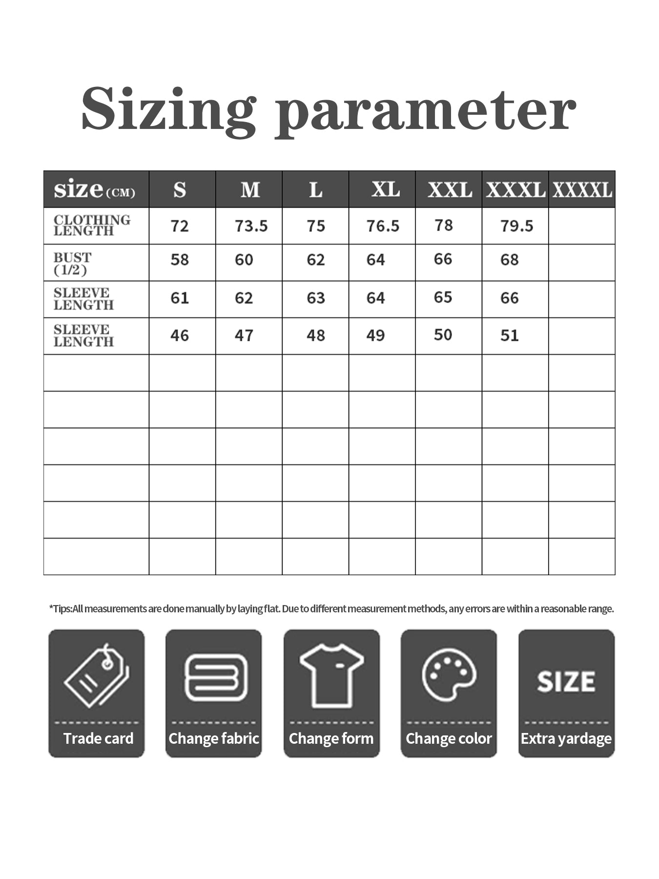 Jacket sizing chart with sizes S–XXXL and measurements for length, bust, sleeve