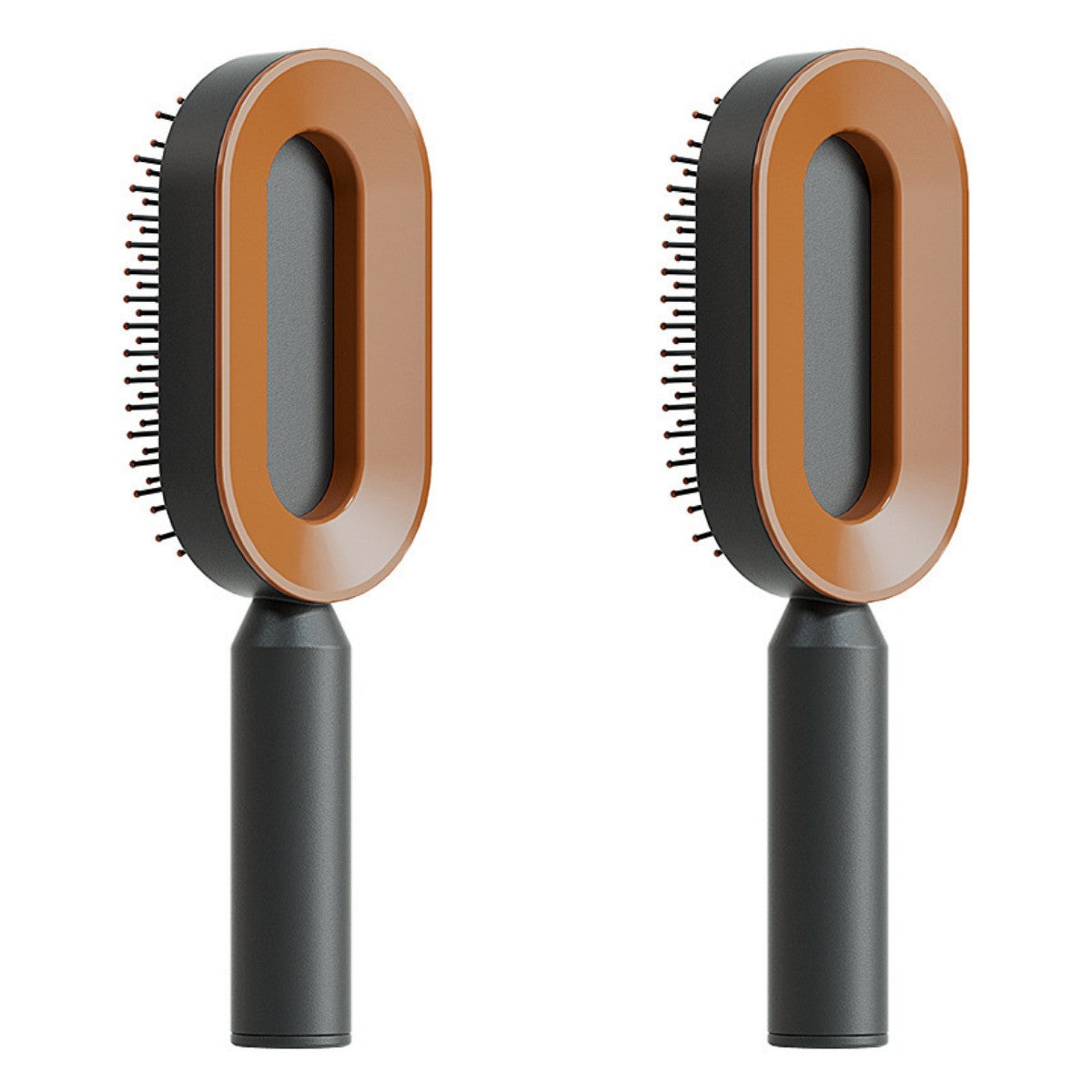Set of self-cleaning hair brushes with black handles and tan oval heads
