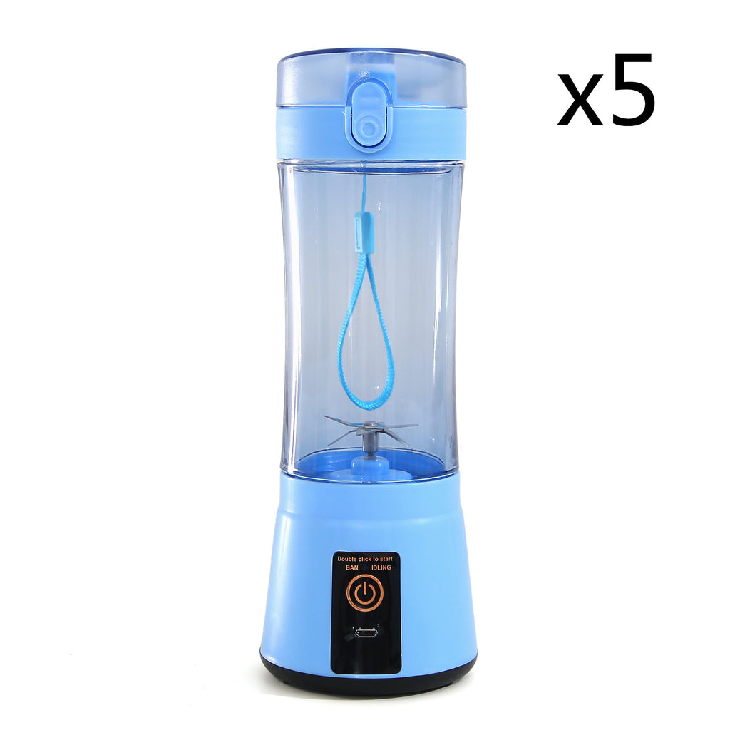 Portable electric fruit juicer blender, light blue transparent cup and blue base.