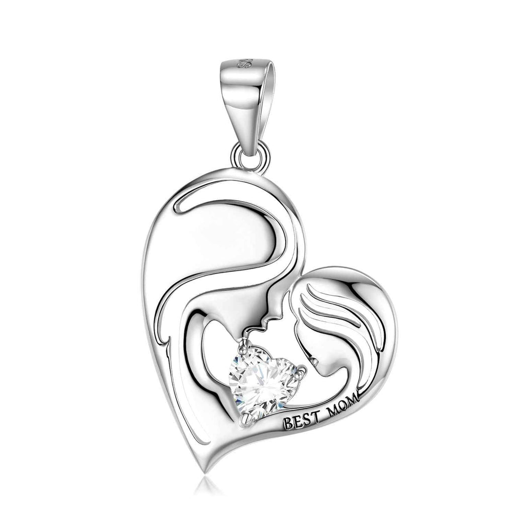 S925 sterling silver heart pendant necklace with clear heart gemstone and Best Mom engraving