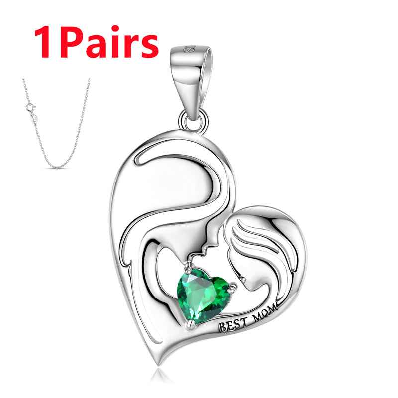 S925 sterling silver heart necklace pendant with green gemstone and Best Mom engraving