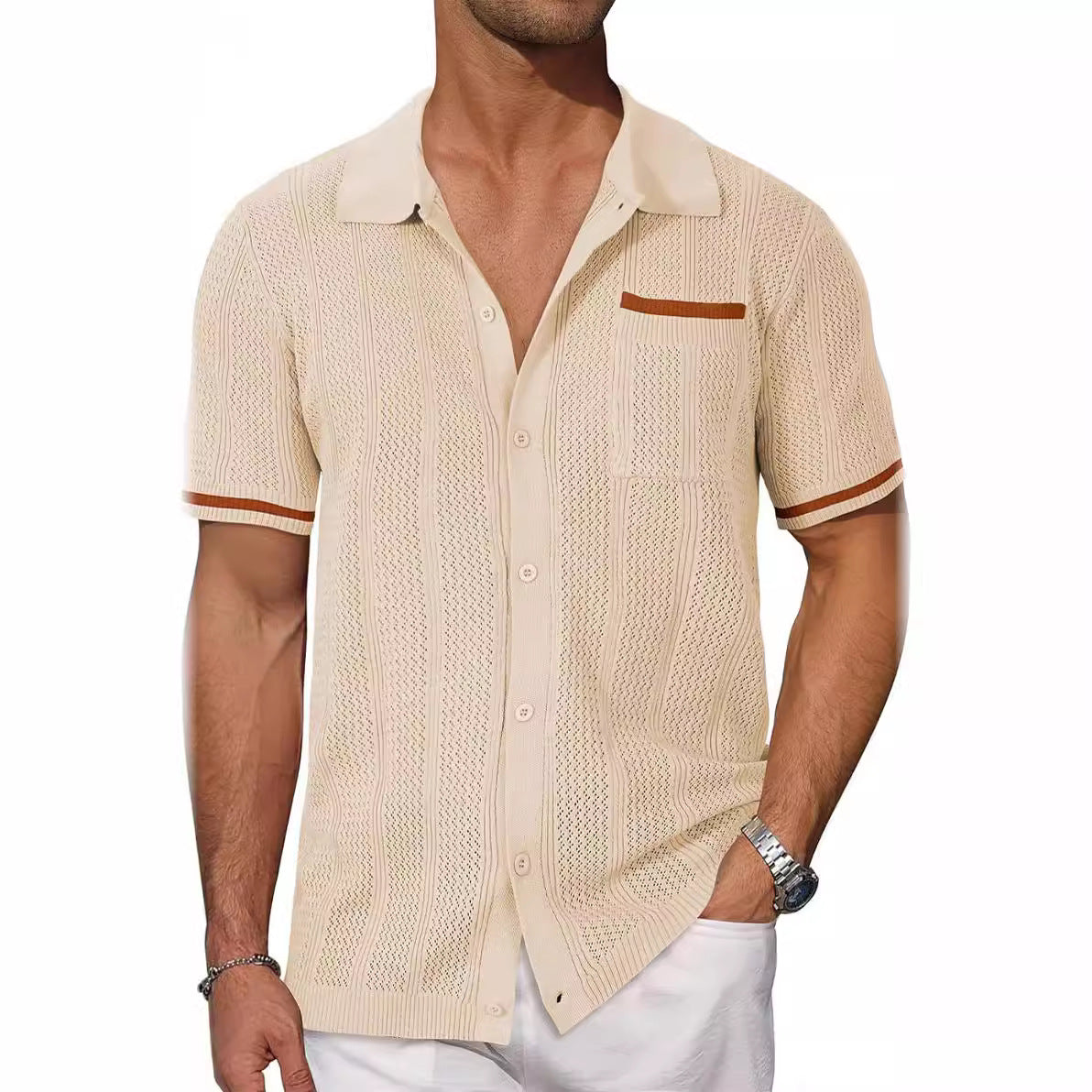 Men’s short-sleeve knit shirt, khaki cream, button-front with chest pocket and contrast sleeve trim.