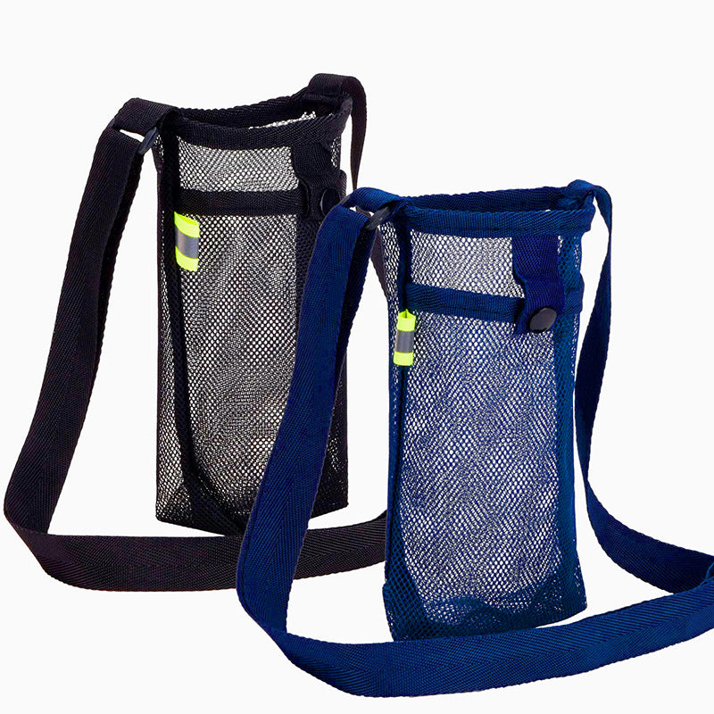 Mesh water bottle holders with shoulder straps in black and blue, adjustable fit