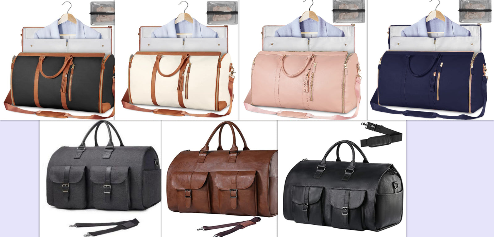Travel duffle bags in assorted colors with hanging garment organizers and removable storage pouches