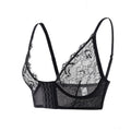 Black lace front-closure push-up bra with underwire cups and scalloped lace edges