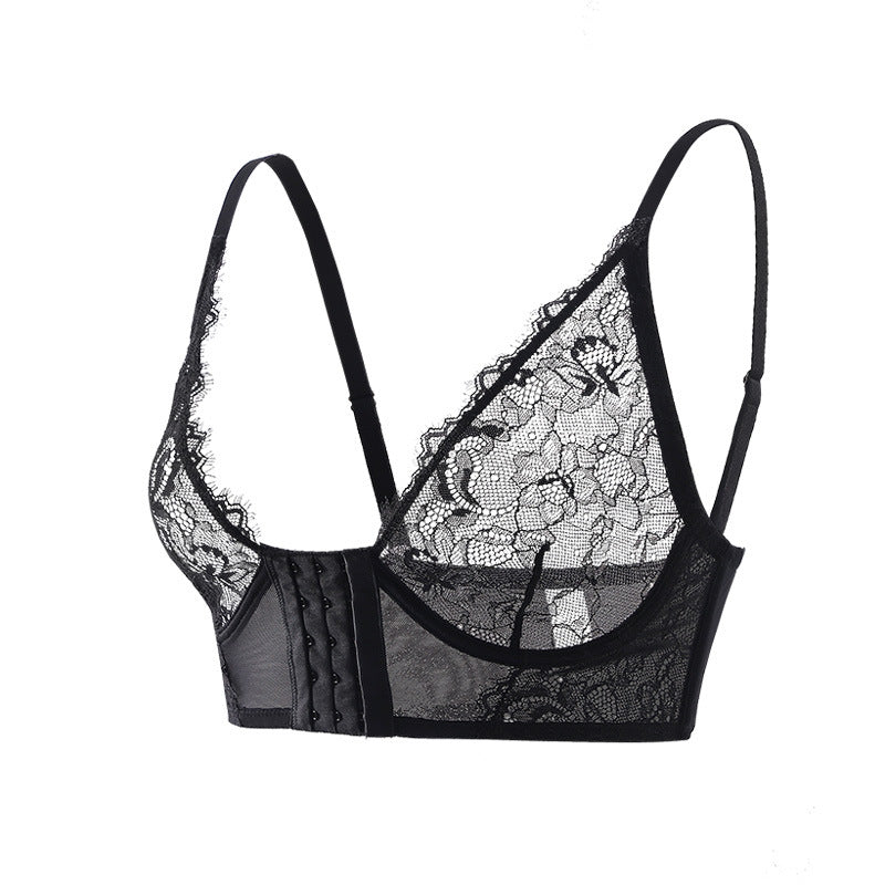 Black lace front-closure push-up bra with underwire cups and scalloped lace edges