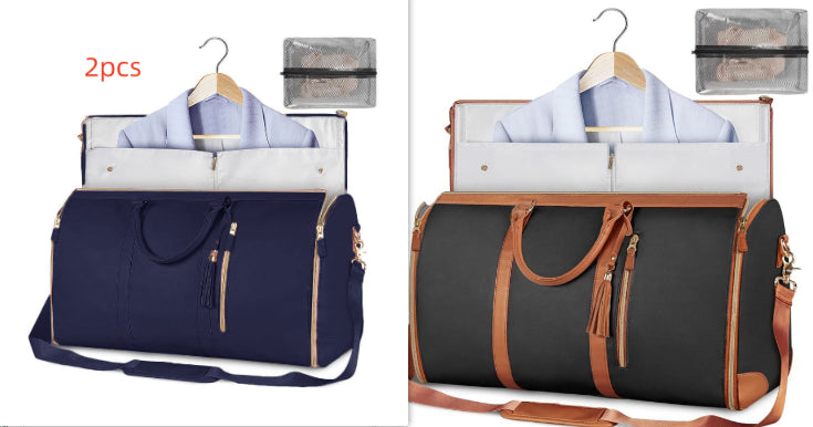 Set of travel duffle bags in navy and dark gray with tassel zipper pulls and hanging shirts