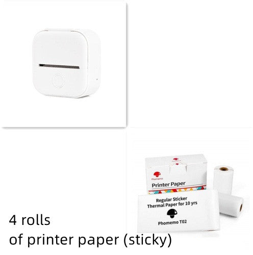 White mini thermal label printer and printer paper rolls (sticky)