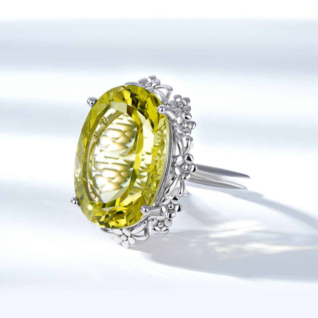 Oval yellow crystal ring with ornate silver halo, cluster prongs, S925 silver band