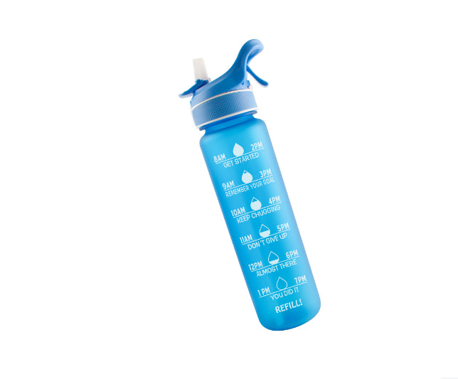Blue water bottle with straw and printed schedule text