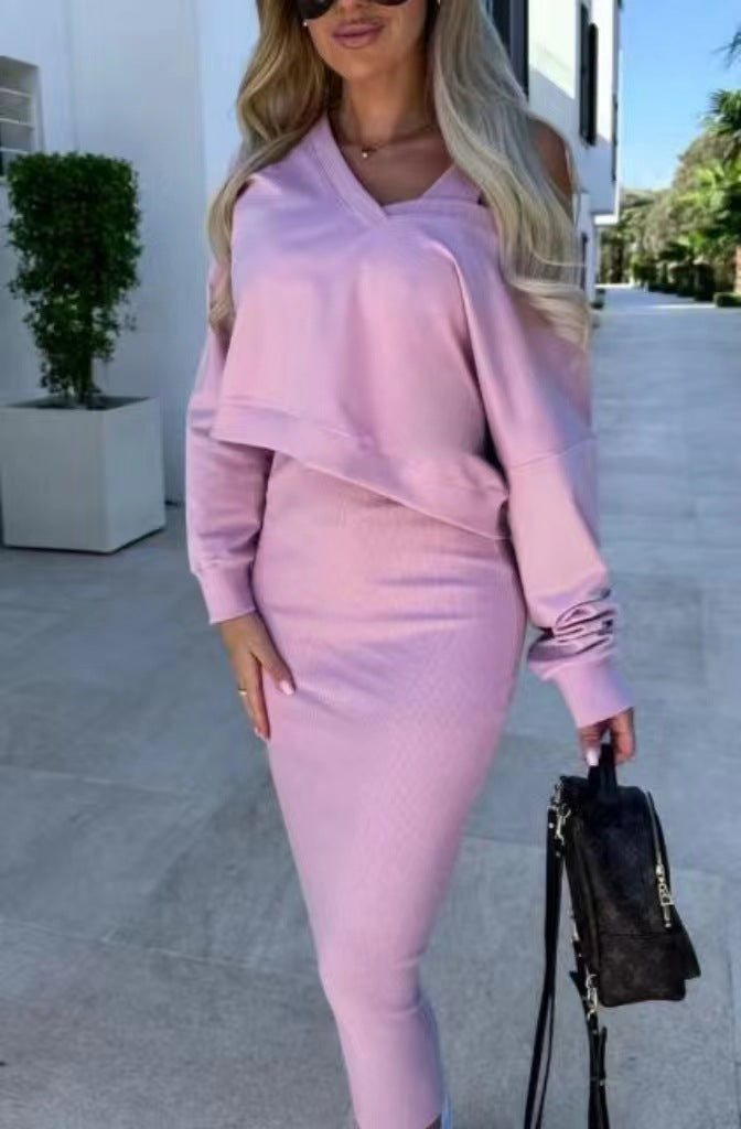 Two-piece midi dress set in lavender, long-sleeve V-neck pullover and fitted sleeveless dress