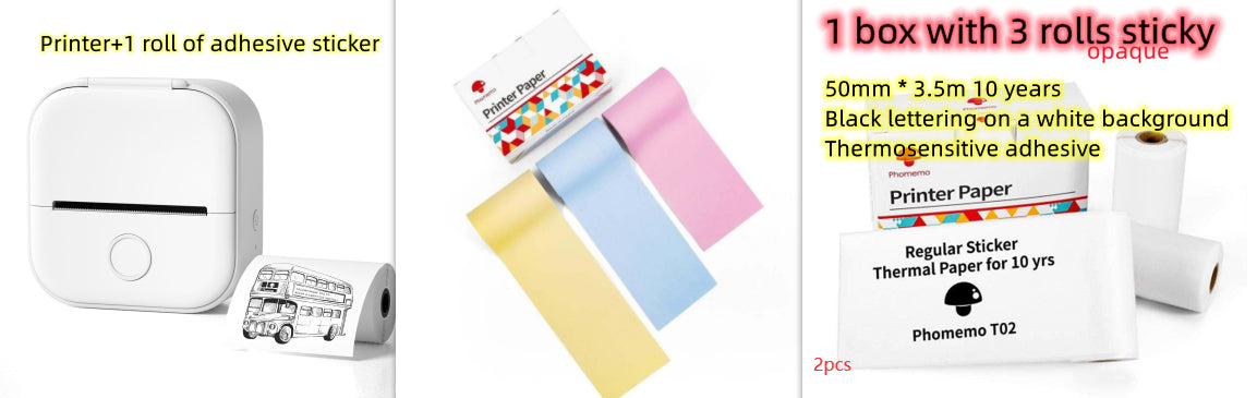 White mini label printer with adhesive sticker roll and pastel color paper strips