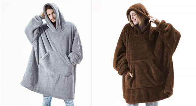 Fleece hoodie sweatshirt in light gray and dark brown, hooded with large front pocket