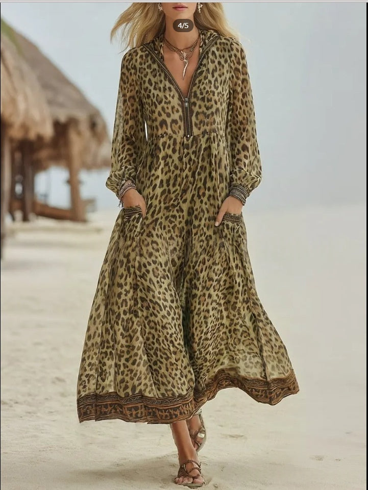 Tan leopard-print hooded maxi dress, long sleeves with elastic cuffs and flared tiered hem
