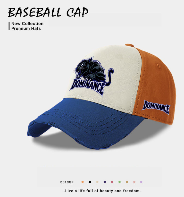 Men's baseball cap, tan with blue logo patch and orange front panel