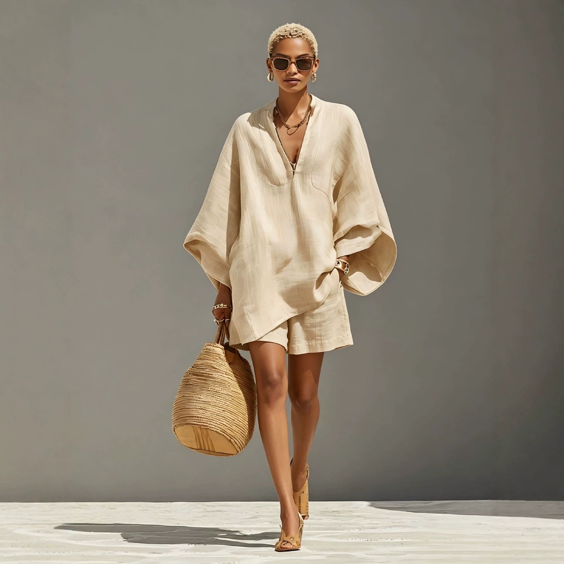 Off-white loose-fit set with V-neck batwing sleeves and matching shorts