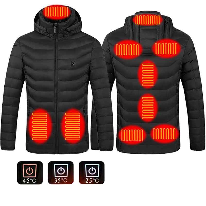 Black heated puffer jacket with glowing heating zones on front and back