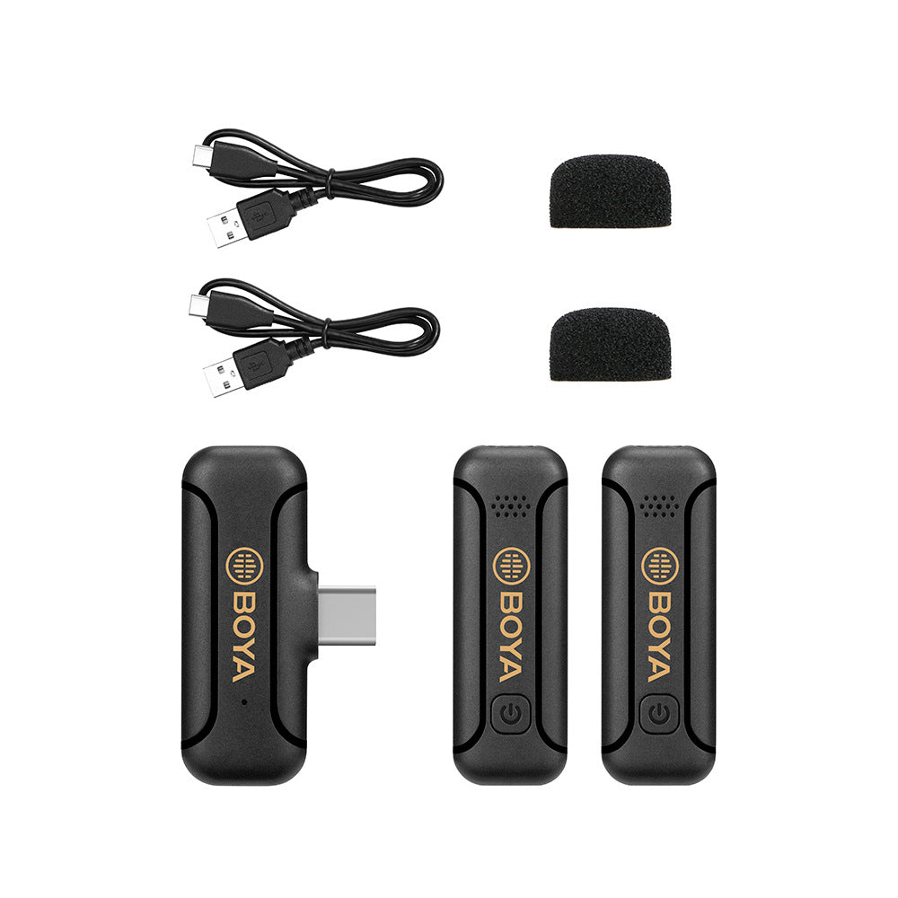 Black BOYA clip-on radio microphones with USB cables and foam windscreens