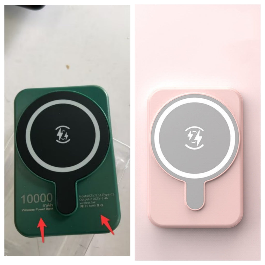 Mini magnetic wireless power bank, green and pink, with Qi charging symbol.
