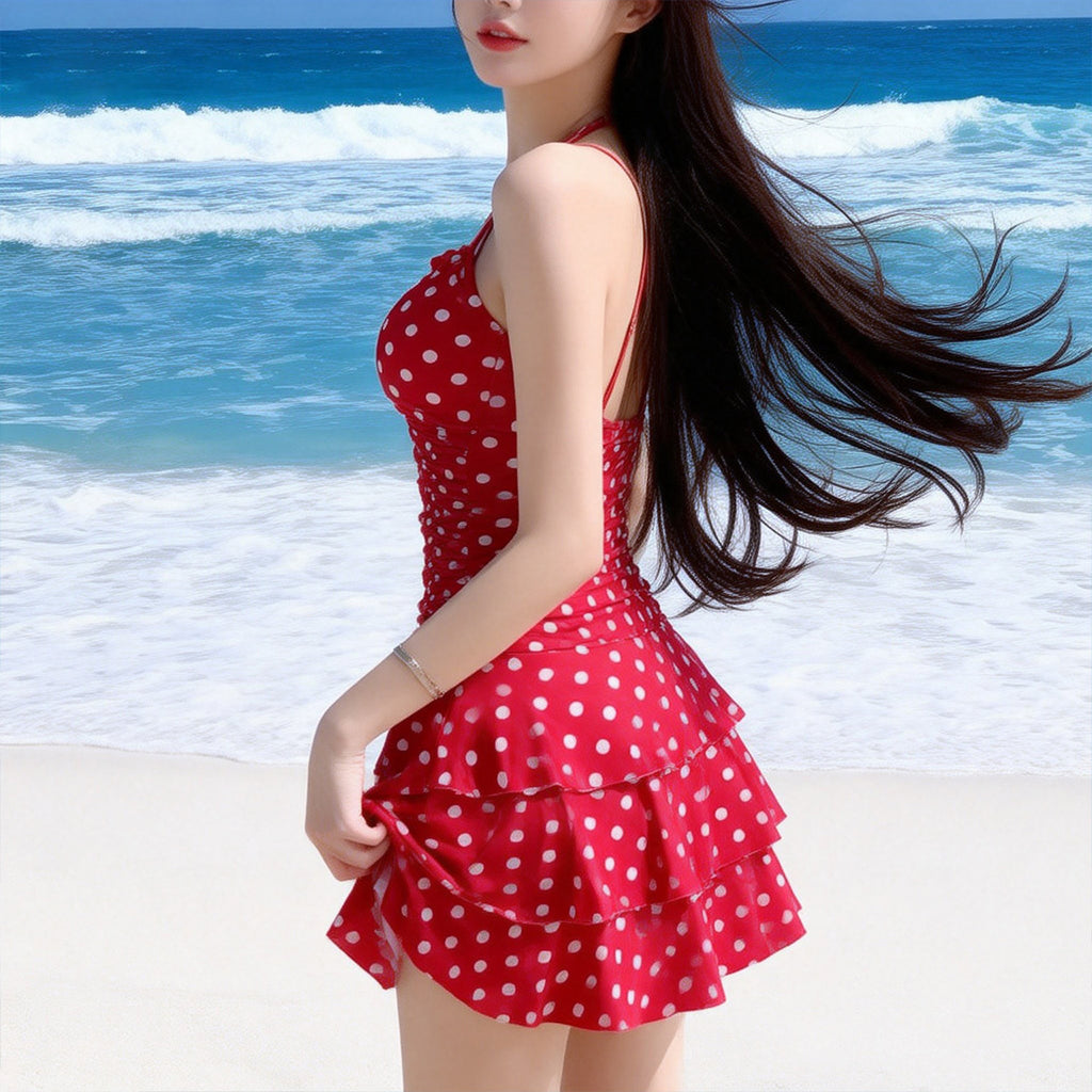 Red polka-dot one-piece swimsuit with halter neckline and layered ruffle skirt