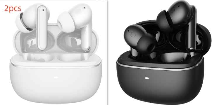 Wireless in-ear earbuds sets shown: white 2pcs and black 2pcs in cases